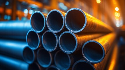 Steel pipes stacked at an industrial site, with soft blurred lights, emphasizing the role of building materials in infrastructure development.