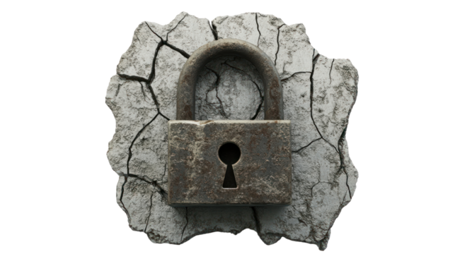 A rusty padlock embedded in cracked concrete, symbolizing security, confinement, and barriers in society, set against a white isolated background.