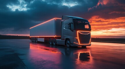 Powerful truck transports cargo on a rainy highway at sunset with vibrant reflections