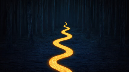 Obraz premium World Cancer Day Themed, glowing ribbon like path winds through dark forest, creating intrigue