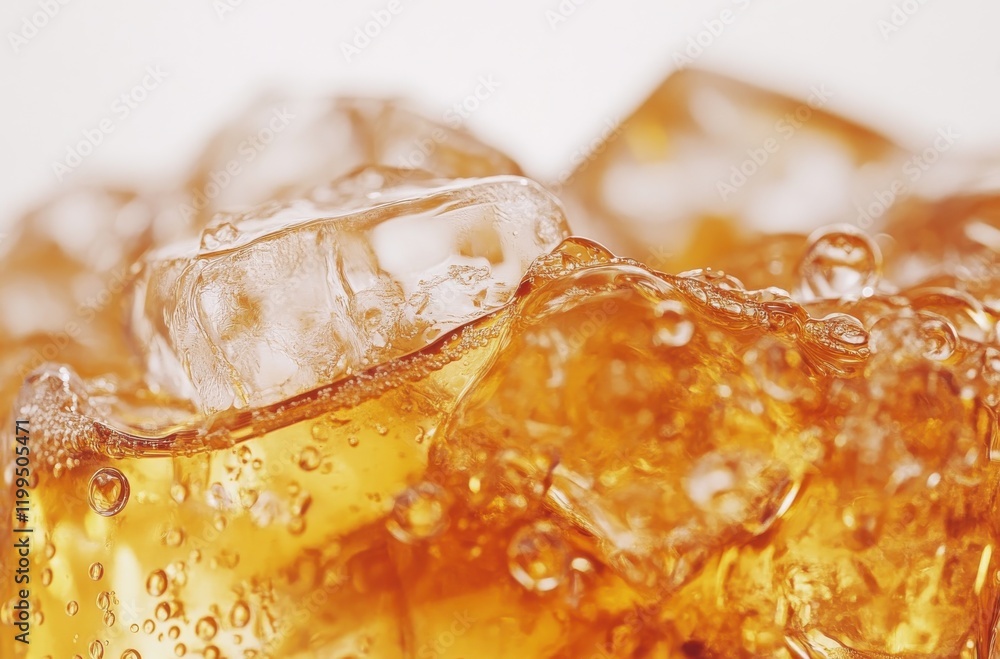 Poster close-up view of ice cubes floating in sparkling orange drink with bubbles and glossy texture on lig
