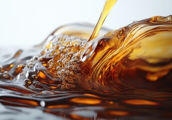 Close-Up View of Golden Liquid Pouring into a Shimmering Brown Surface with Bubbles Populating the Top, Capturing Fluid Motion and Textural Details
