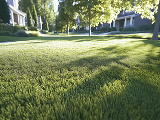 Lush green grass in a suburban setting, bathed in warm sunlight. Perfect for real estate, landscaping, or environmental projects. Evokes feelings of tranquility and home.