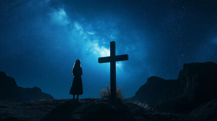 Women Praying Near Wooden Cross Under Starry Night Symbolizing Jesus Crucifixion and Faith