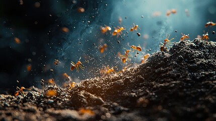 Swarm of ants on soil illuminated by golden light, displaying motion and teamwork. Dynamic composition, natural behavior, cooperative colony, insects in their habitat. Generative AI