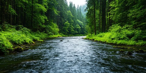 Obraz premium environmental impact pollution policy concept. Lush green forest surrounds a tranquil river, creating a serene and picturesque natural scene.