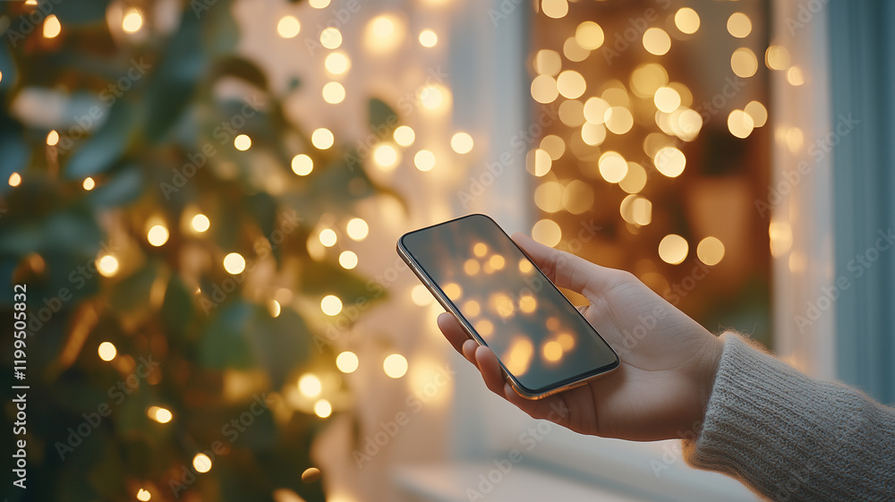 Poster hand holding smartphone with blurred background of warm lights and greenery, creating cozy atmospher