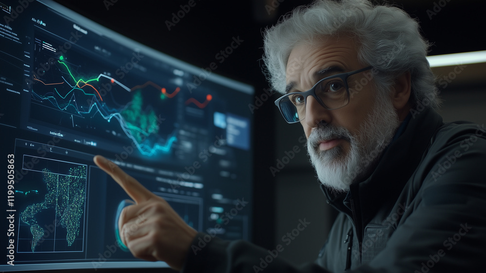 Poster man with gray hair and glasses analyzes data on large screen, pointing at graphs and maps, showcasin