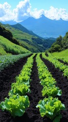Naklejka premium Lush green lettuce fields thrive under a brilliant sky in mountainous landscape