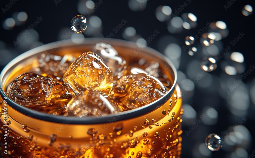 Poster close-up view of refreshing carbonated beverage with ice cubes and bubbling texture in a metallic ca