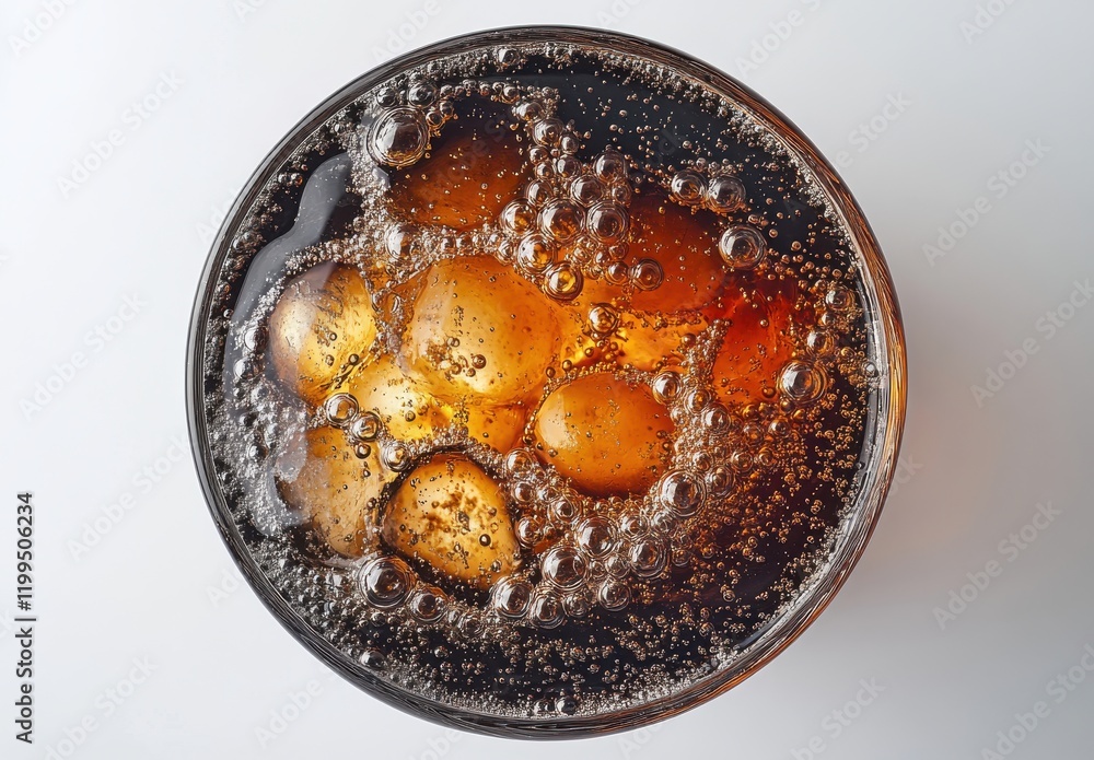 Poster close-up view of refreshing carbonated beverage with ice cubes and bubbles in a transparent glass ag