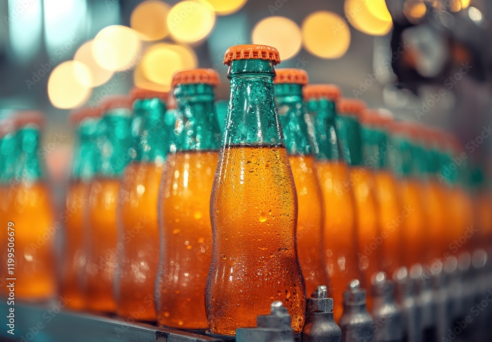 Poster Close-up View of Sparkling Orange Soda Bottles With Water Droplets Glimmering in Soft Focus on a Vibrant Production Line with Bokeh Effect in the Background