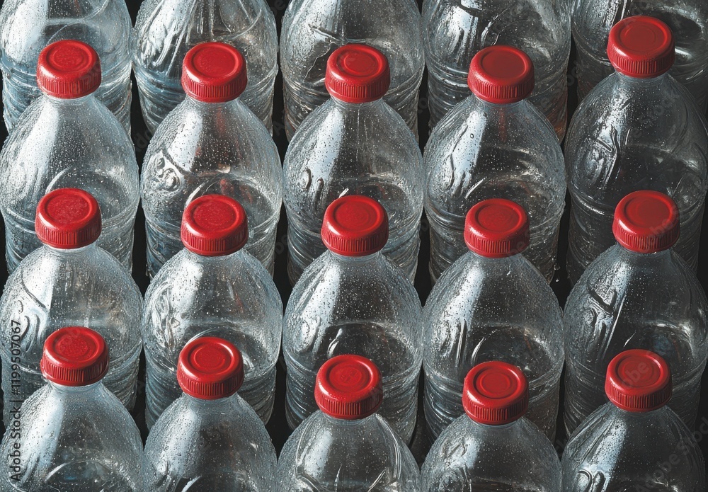Aufkleber collection of clear plastic water bottles with red caps arranged in a symmetrical pattern on a dark 