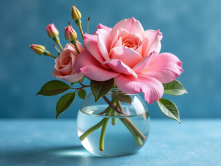 Obraz premium Un Arreglo Floral En Un Florero De Cristal Sobre Un Fondo Color Azul Brinda Una Decoración Interior Elegante Y Sofisticada. 00003