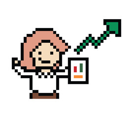 Obraz premium Cartoon cute pixel cartoon 8bit character business woman office smart work game for decoration business 8 bit female lady teacher businesswoman career smart character game 8bit png vector.