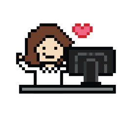 Fototapeta premium Cartoon cute pixel cartoon 8bit character business woman office smart work game for decoration business 8 bit female lady teacher businesswoman career smart character game 8bit png vector.