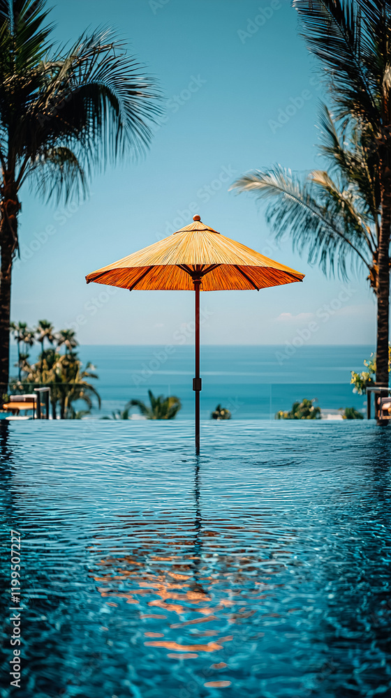 Poster enjoying a sunny day at a tropical poolside with a straw umbrella and ocean view in the background. 