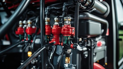 Fototapeta premium Detailed view of agricultural irrigation equipment in use on a sunny afternoon in the countryside