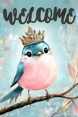 Welcome Royal Bird: A whimsical illustration of a cute, pink and blue bird with a sparkling golden crown perched on a branch, extending a warm welcome to guests.