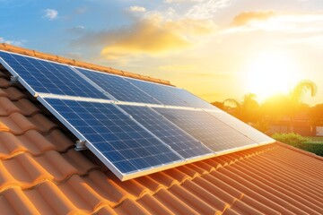 Instalación de paneles solares en un tejado con vista al atardecer en una zona residencial