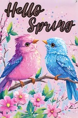 Hello Spring Birds: Two vibrant birds, one pink and one blue, perch on a blossoming branch, cheerfully greeting the arrival of spring.  The scene is filled with delicate pink flowers and a soft.