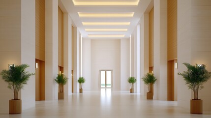 Fototapeta premium Luxury hotel interior with exclusive lighting Modern lobby with minimalistic design and greenery accents.