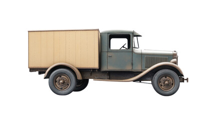 Vintage delivery truck on a white isolate background, showcasing a classic design with a wooden cargo area and faded green paint.