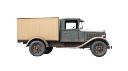 Vintage delivery truck on a white isolate background, showcasing a classic design with a wooden cargo area and faded green paint.