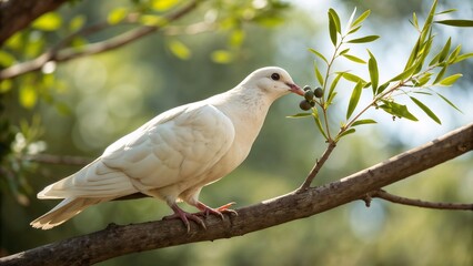 Obraz premium White dove perched on a branch holding an olive branch