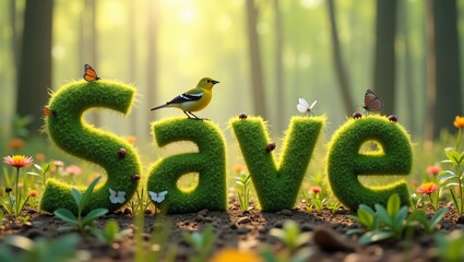 A Dainty Greenfinch Perched on 3D 'Save' Letters Amidst a Peaceful Spring Forest, Promoting Environmental Harmony