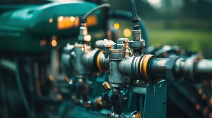 Fototapeta premium Detailed view of agricultural irrigation equipment in use on a sunny afternoon in the countryside