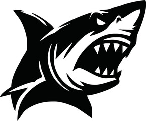 modern and simple shark silhouette logo, negative spaced shark in black color logo icon vector temple, esport wild shark logo