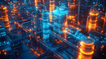 A glowing holographic projection of an industrial plant, with detailed piping and machinery in neon blue and orange, set against a dark backdrop.