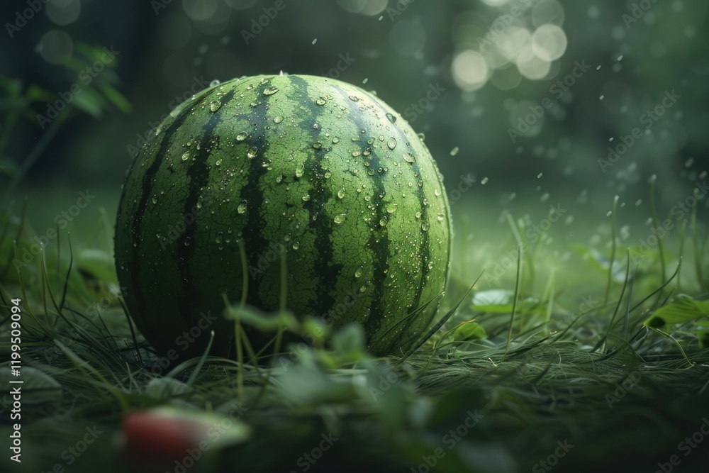Poster fresh watermelon resting on wet grass during a light rainfall, creating a refreshing summer scene
