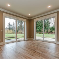 Bright and airy living space with large windows overlooking serene nature landscape