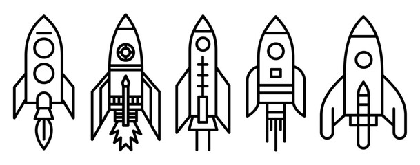 Set of Spaceships template flat and line icons on transparent background, flat line design vector illustration, start-up concept