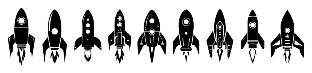 Set of Spaceships template flat and line icons on transparent background, flat line design vector illustration, start-up concept