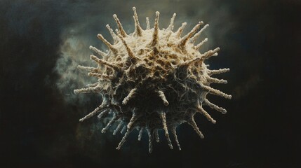 Close-up of a spiky virus particle floating in dark space with smoky texture. Microscopic view, emphasizing biological detail, structure, and scientific observation. Generative AI.