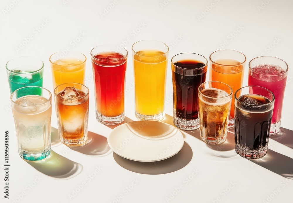 Poster colorful array of refreshing beverages in clear glasses displayed on a minimalist surface ideal for 