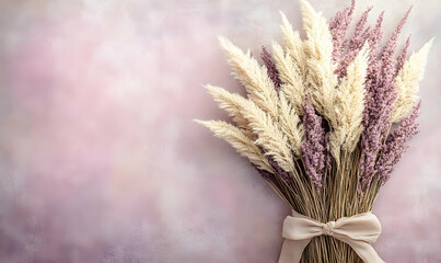 Elegant bouquet of dried pampas grass and lavender tied with a beige ribbon against a soft pink textured background. Perfect for wedding invitations, blogs, or home decor websites.