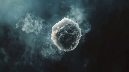 Close-up of a spiky virus particle floating in dark space with smoky texture. Microscopic view, emphasizing biological detail, structure, and scientific observation. Generative AI.