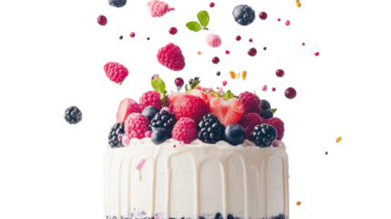 A delicious layered cake topped with a variety of fresh berries, surrounded by flying fruit to create a joyful, vibrant dessert scene.