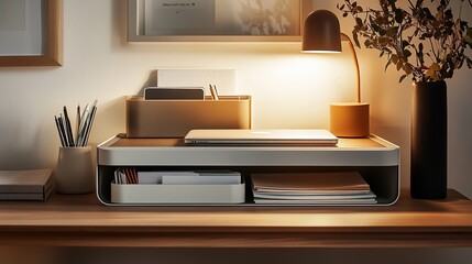 A compact office setup with a desk, file organizer, and a small lamp