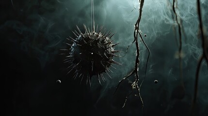 Spiky microorganism illuminated by warm light, floating in a textured environment. Close-up emphasizes detail, biological structure, and abstract science concept. Generative AI