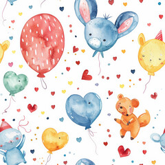 Seamless Cute watercolor pattern with animals and colorful balloons, perfect for kids
