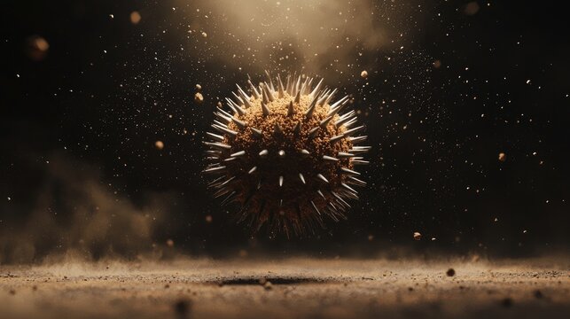 Spiky microorganism illuminated by warm light, floating in a textured environment. Close-up emphasizes detail, biological structure, and abstract science concept. Generative AI