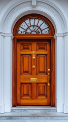 Obraz premium Beautiful wooden front door with elegant design features and classic arch above in a charming neighborhood setting. Generative AI