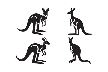 Set of Black Kangaroo Silhouettes in Various Stances
