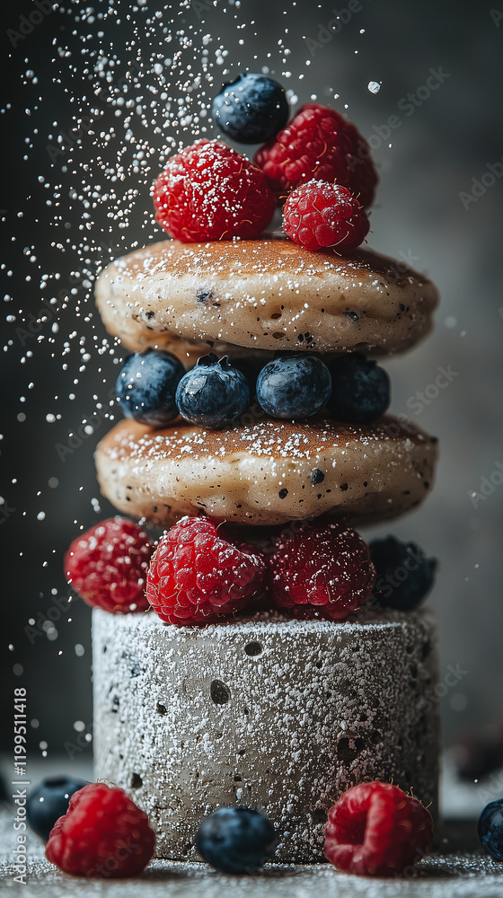 Poster stacked donuts topped with fresh berries and powdered sugar create a sweet dessert display. generati