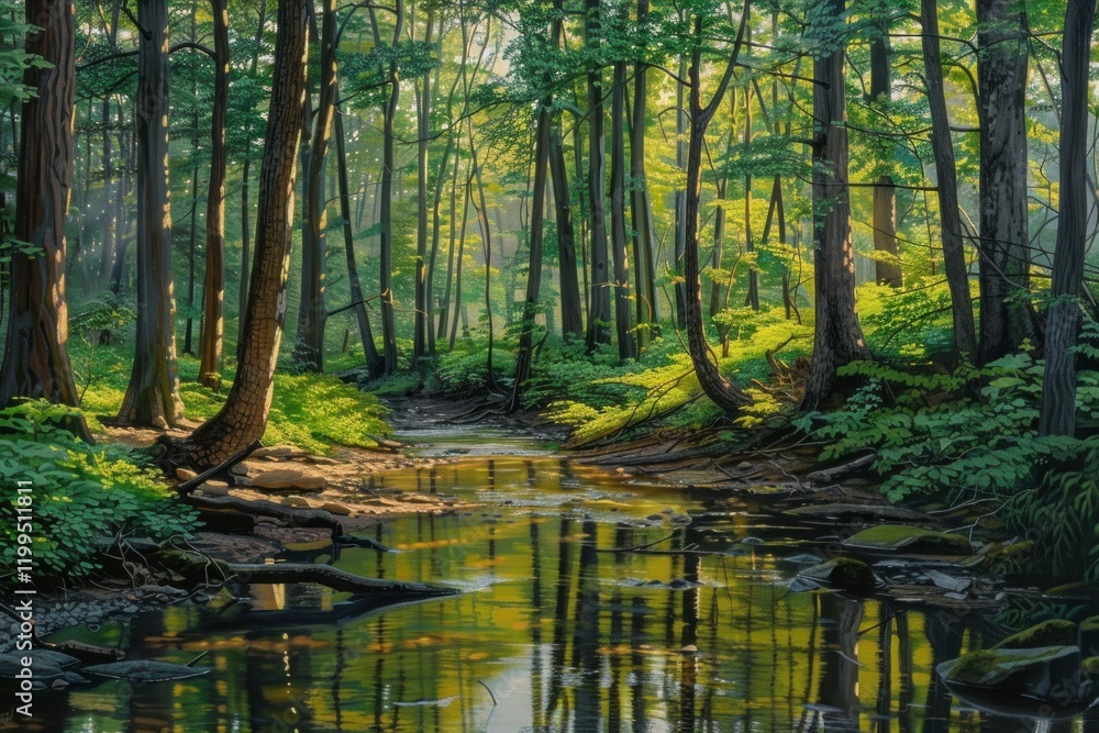 Poster sunlight filters through trees, illuminating a tranquil stream flowing through a vibrant green fores